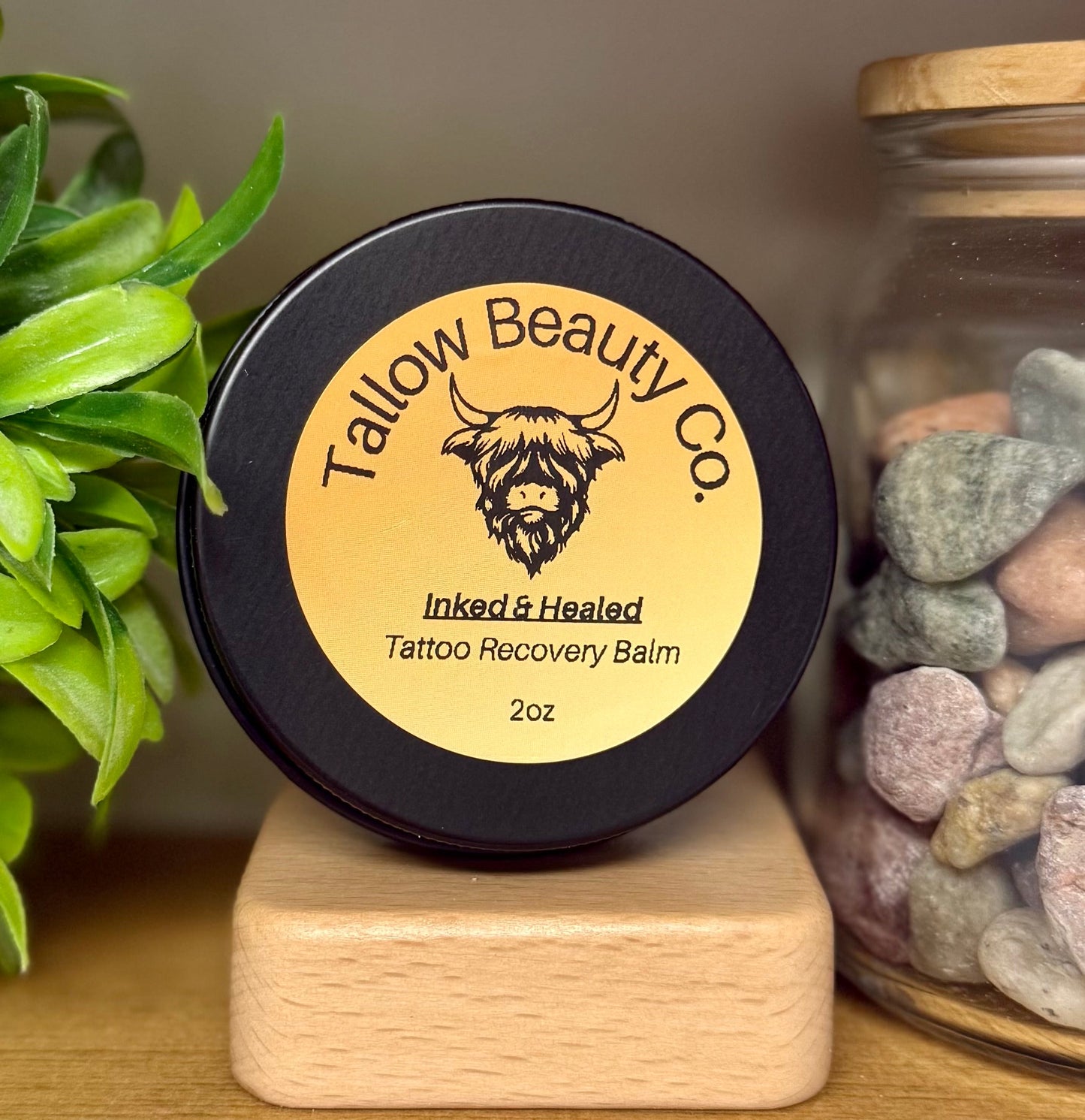 Inked & Healed tattoo healing balm jar with natural ingredients for tattoo aftercare and skin nourishment