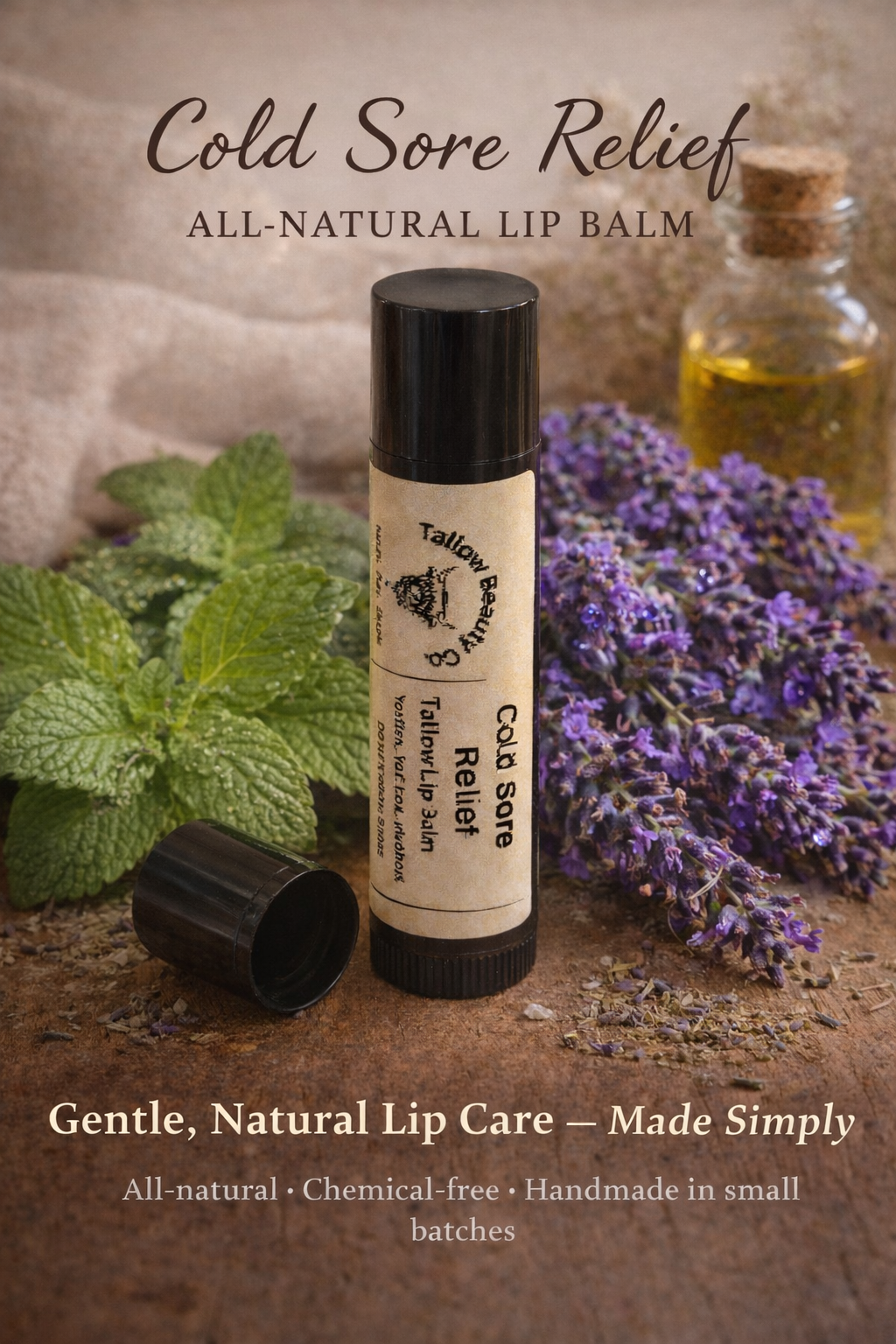 Tube of Cold Sore Relief Balm with lemon balm and lavender herbal ingredients for healing and prevention