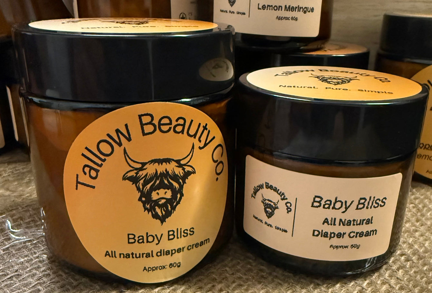 Baby Bliss All Natural Diaper Cream container with natural ingredients like tallow, shea butter, jojoba oil, and calendula flowers