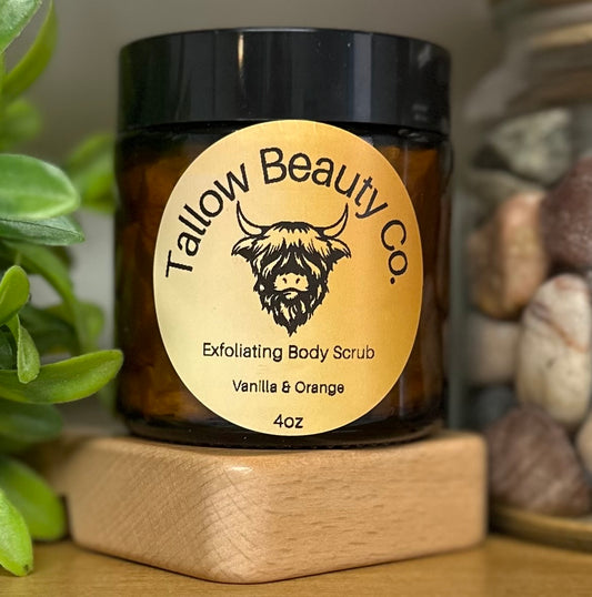 Tallow body scrub in amber glass jar with Himalayan pink salt